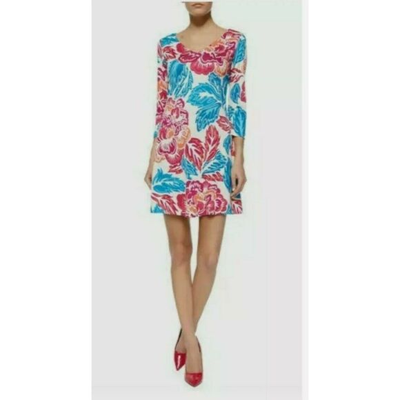 Diane Von Furstenberg Kaden 100% SILK Size 4 Dress Pink Blue Floral art to wear - Picture 1 of 5